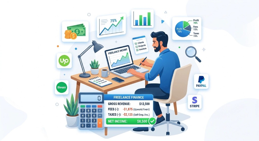 Freelancer checking real profit after platform fees and taxes