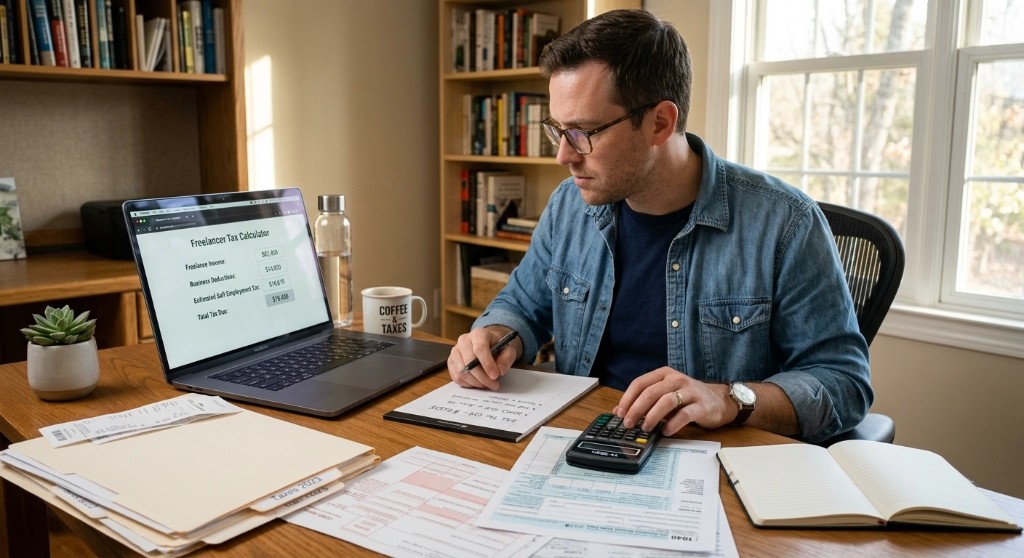 Self-employed professional reviewing freelance tax and rebate figures