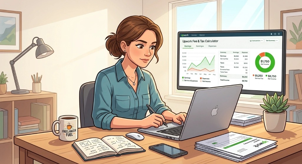 Freelancer at a desk using an Upwork fee and tax calculator on a desktop monitor